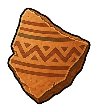 Brown pottery shard with striped geometric patterns on a black background