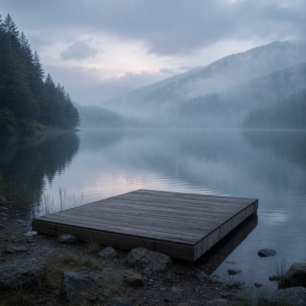 Wooden dock beside a misty lake with mountains fading into fog at blue hour.