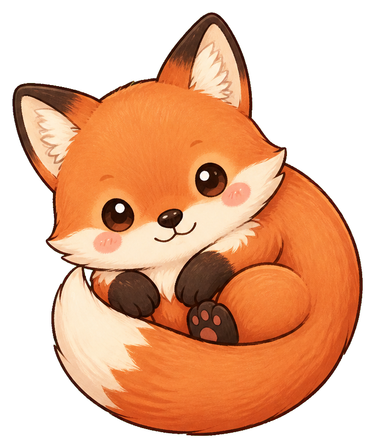 Cute red fox curled up with a soft pastel kawaii look and white chest and tail tip.