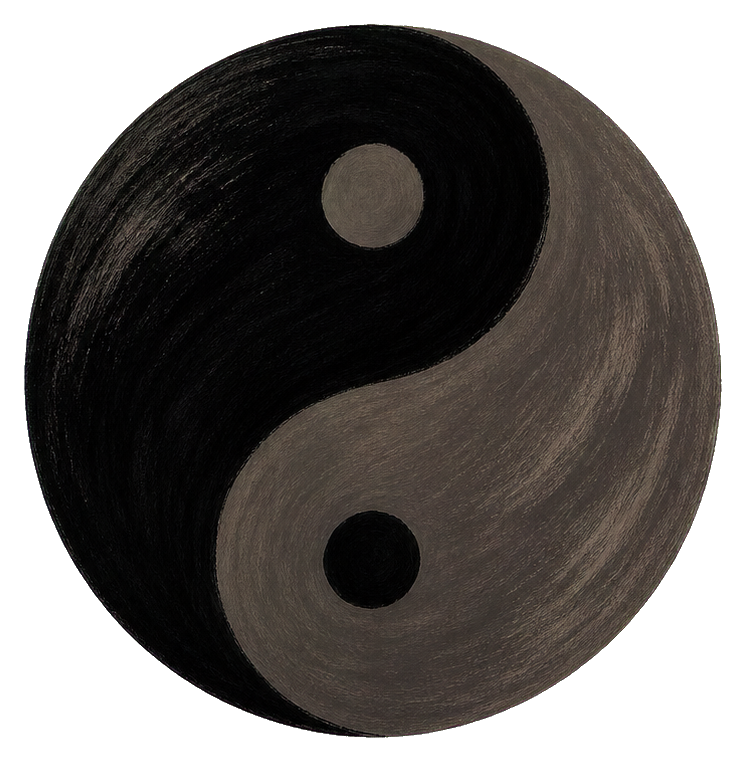 Black and gray dry brush ink yin yang symbol with textured circular strokes.