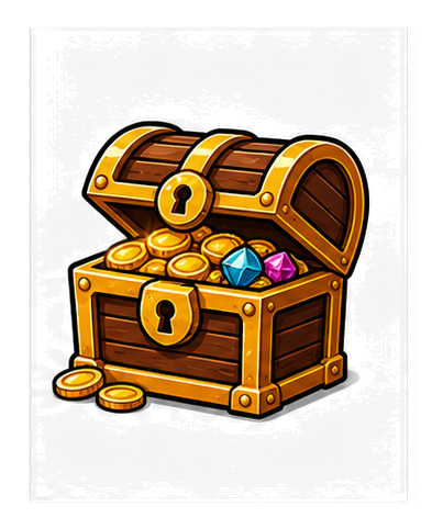 Illustrated treasure chest with gold coins and colorful gems