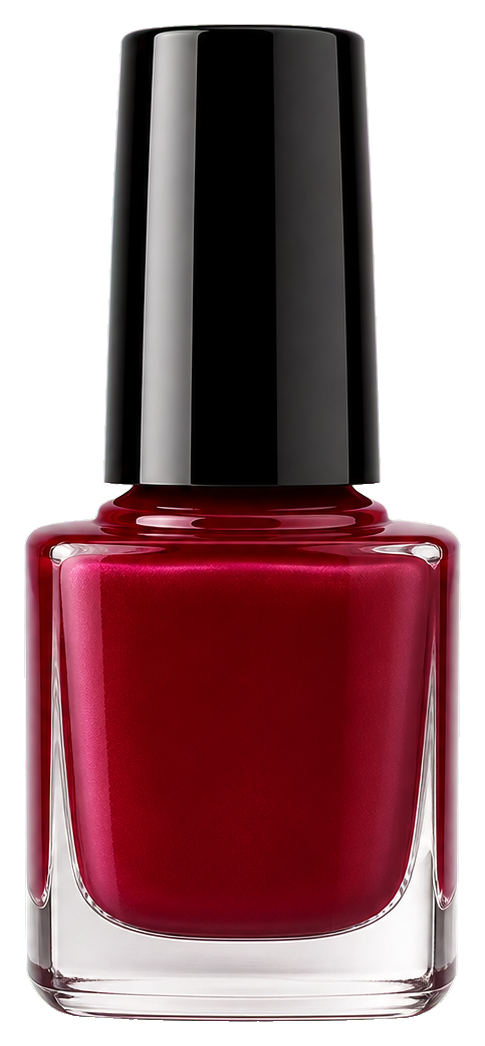 A glossy red nail polish bottle with a black cap on a white background.
