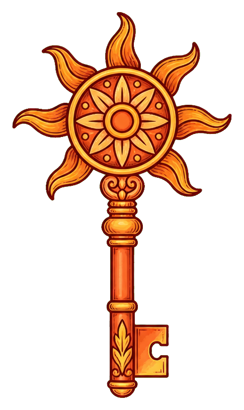 Orange ornamental key with a sun face and flowing rays at the top