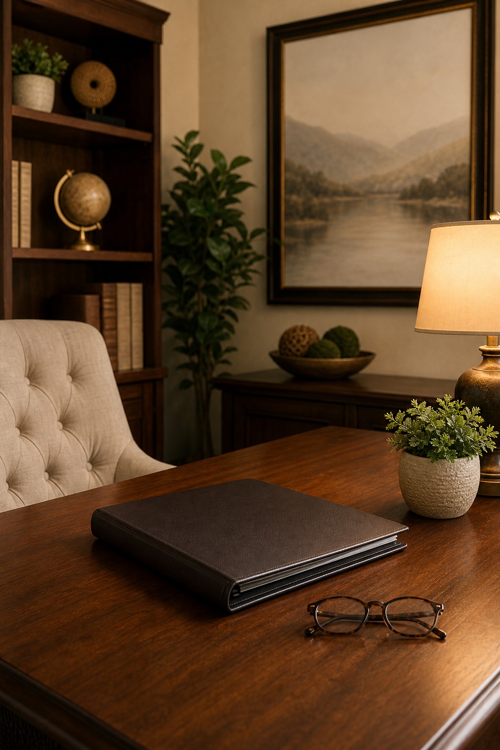 Wooden desk with notebook, eyeglasses, lamp, chair, and framed wall art in a cozy office.