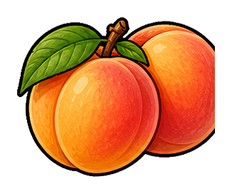 Two ripe peaches with a green leaf, shown as a colorful sticker graphic.