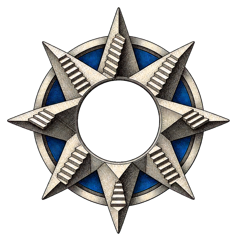 Black and white geometric compass star with a blue ring and central black circle