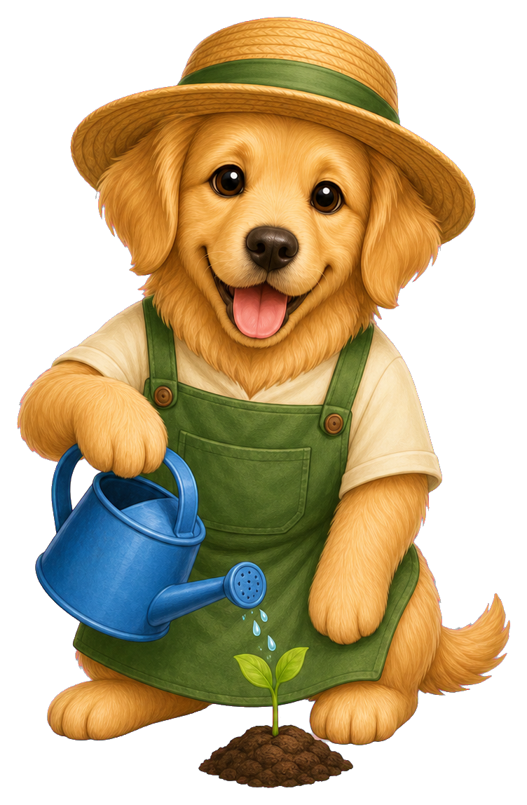 A smiling puppy in a hat and apron holding a blue watering can beside a small sprout.
