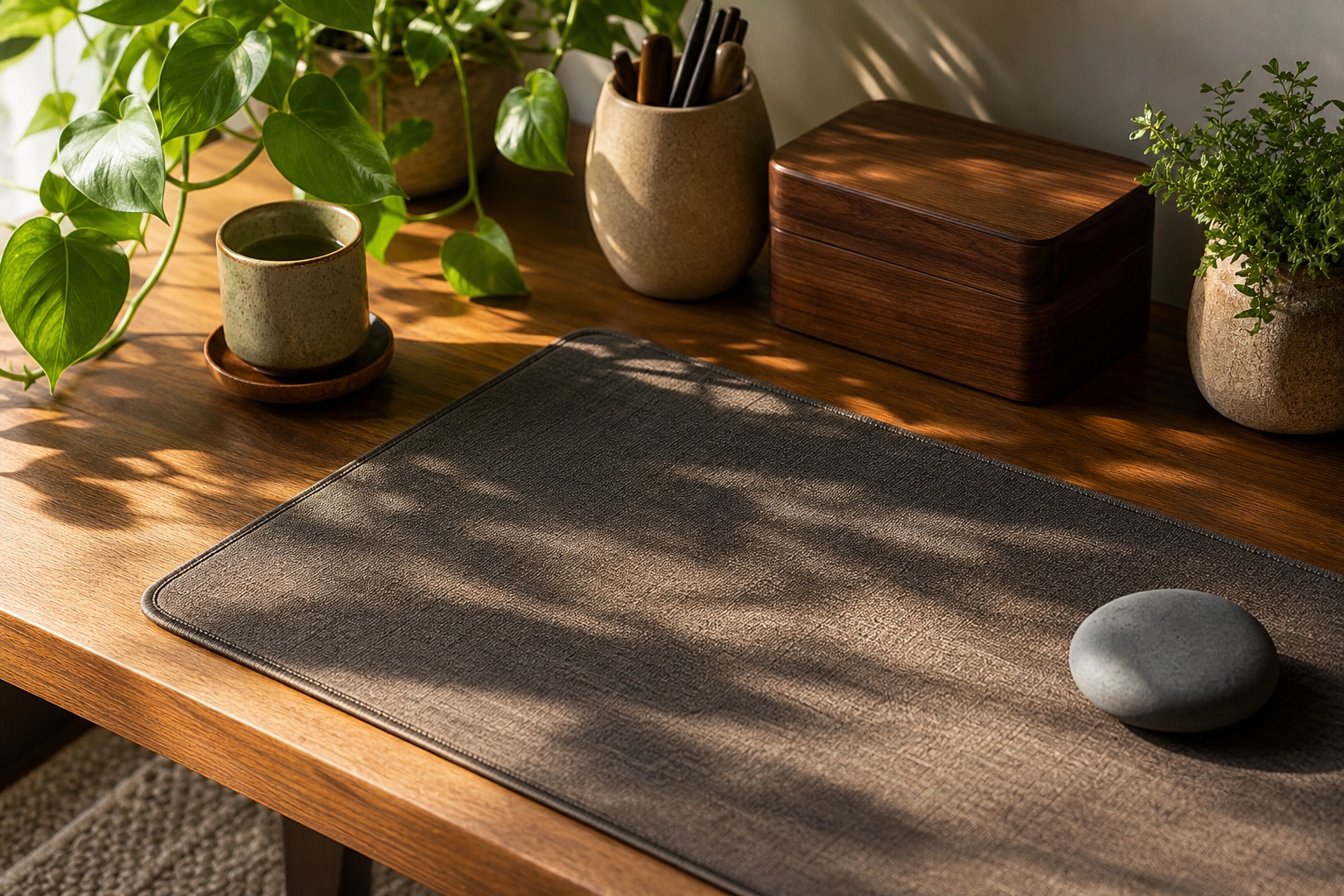 Sunlit wooden desk with plants, a mug, a notebook, and a mouse on a mat