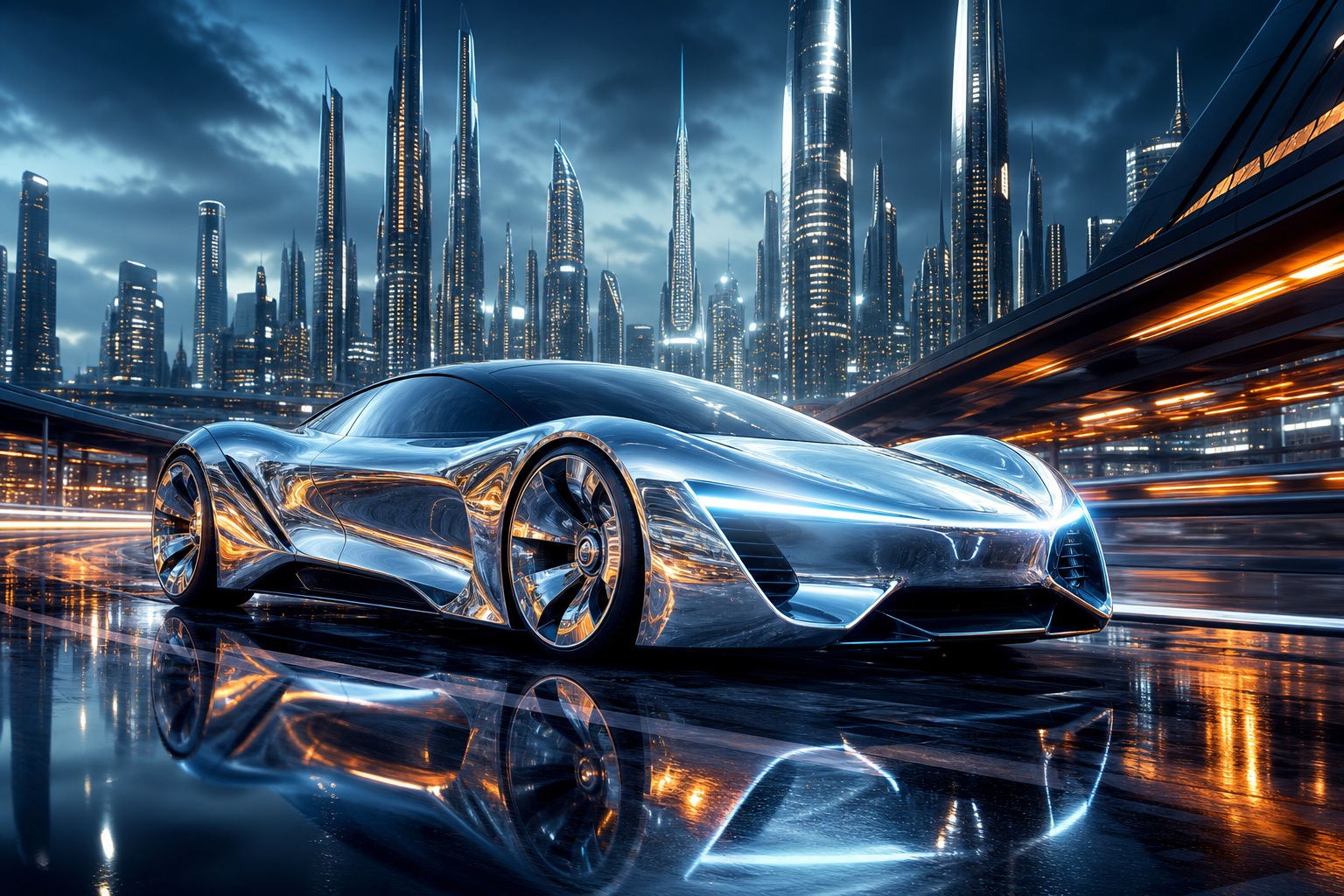Chrome futuristic concept car driving on a glowing cyber city road at night.