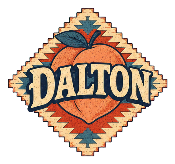Diamond-shaped woven sticker with Dalton text over an orange peach graphic.