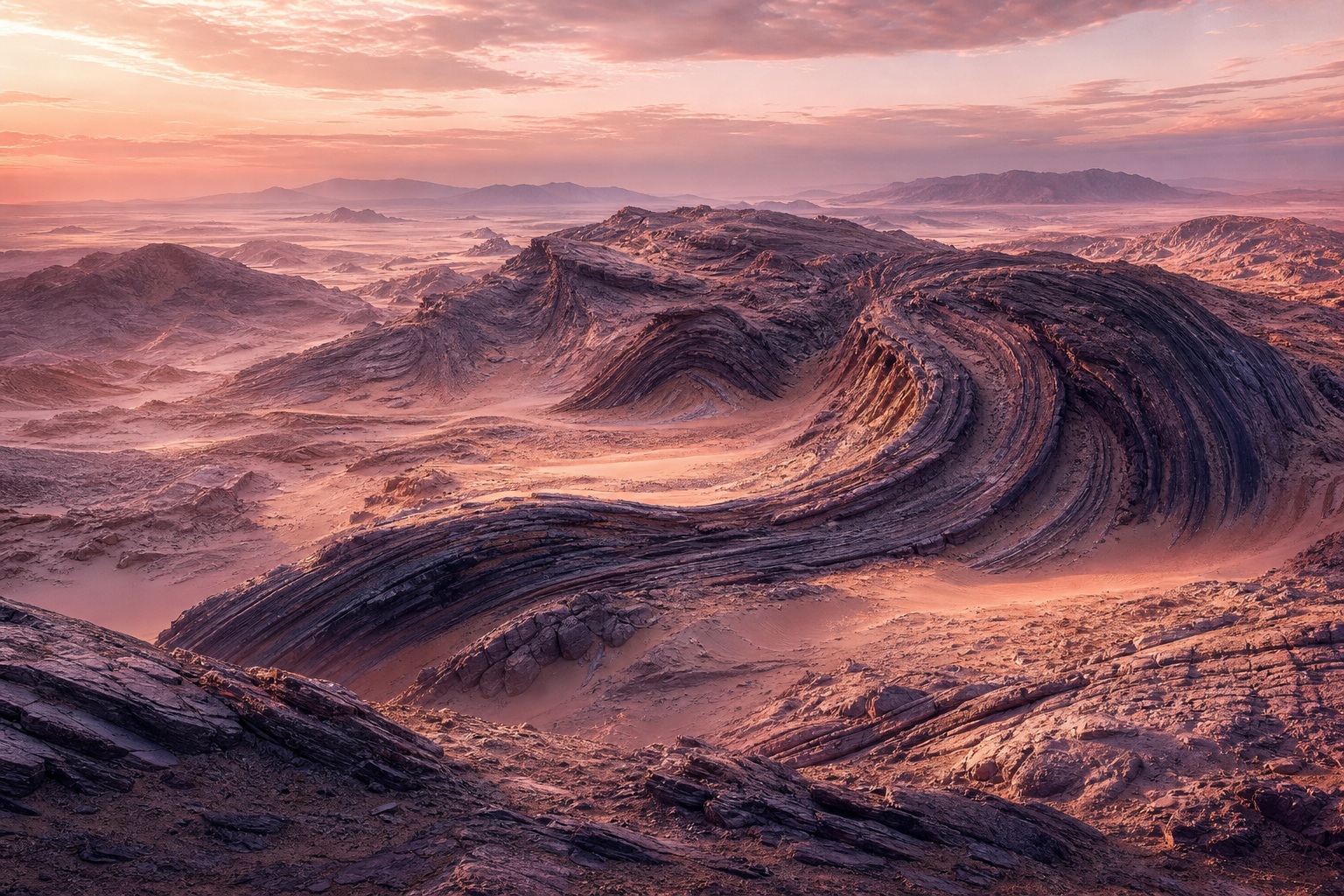 Layered weathered basalt folds stretching across a rose gold desert landscape at dawn.