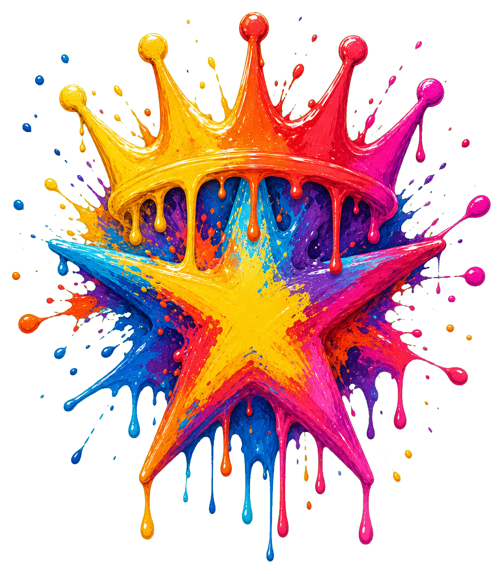 Bright multicolor crown star with paint splashes and dripping edges
