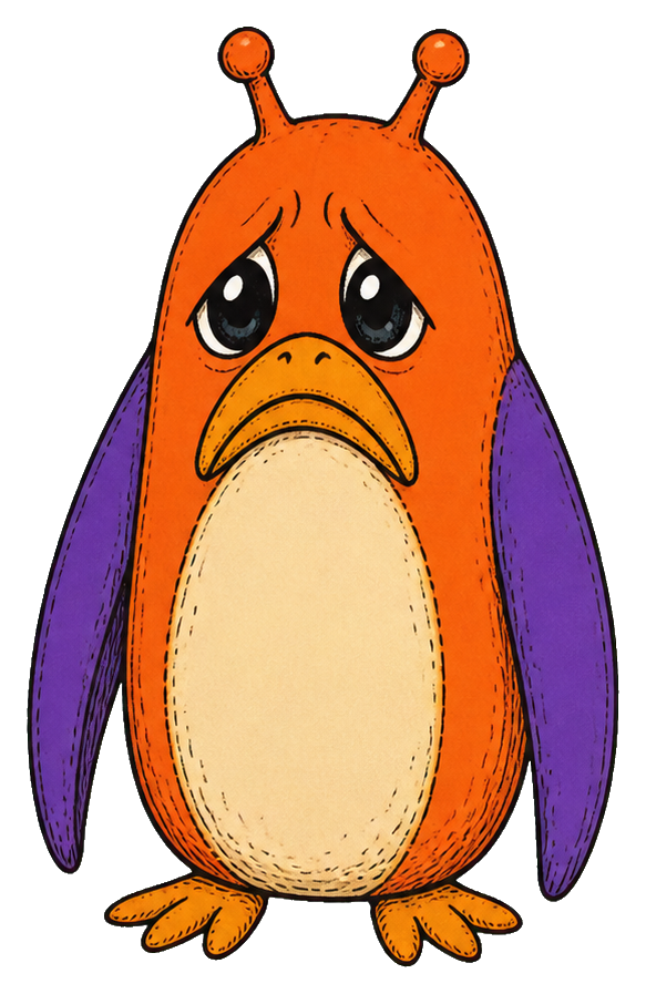 Orange penguin-like alien with a sad face, long beak, purple wings, and antennae