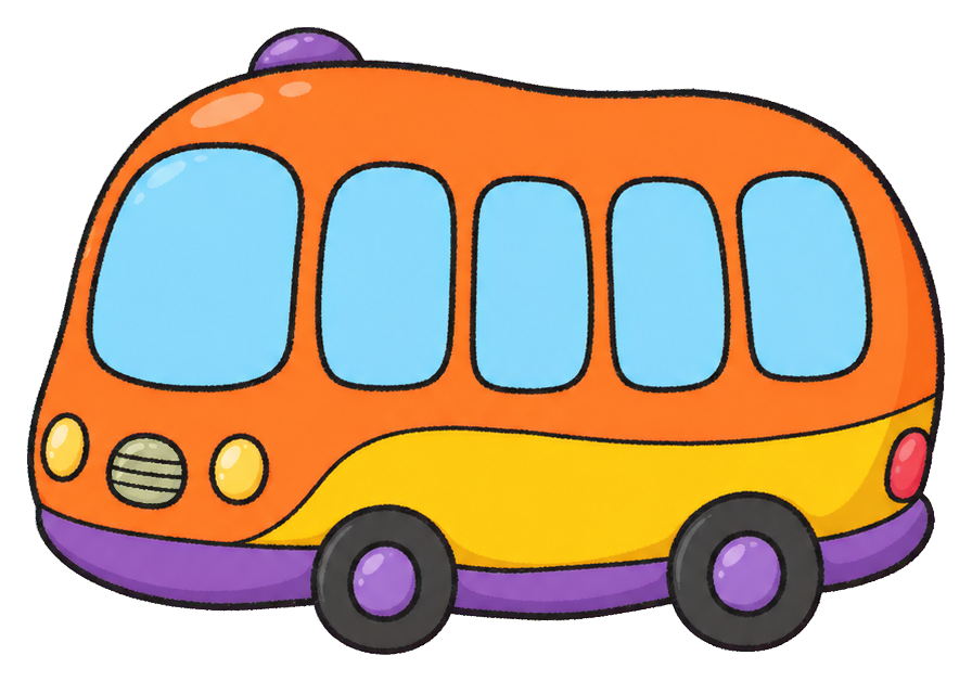 Colorful cartoon bus with rounded jellybean shape and purple wheels