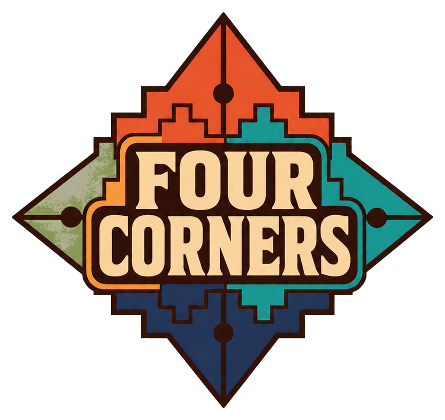 Retro Four Corners compass tile with bold text and colorful diamond shapes