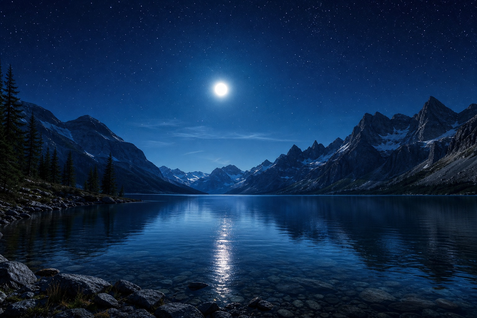 Moon shining over an alpine lake with mountains and star reflections at night