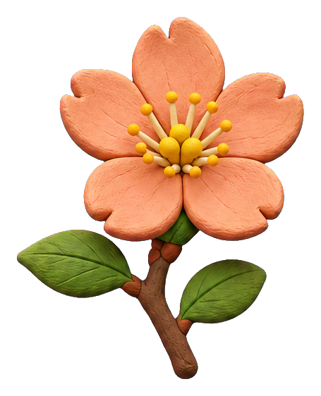 Handmade blush clay cherry blossom with green leaves and a brown stem