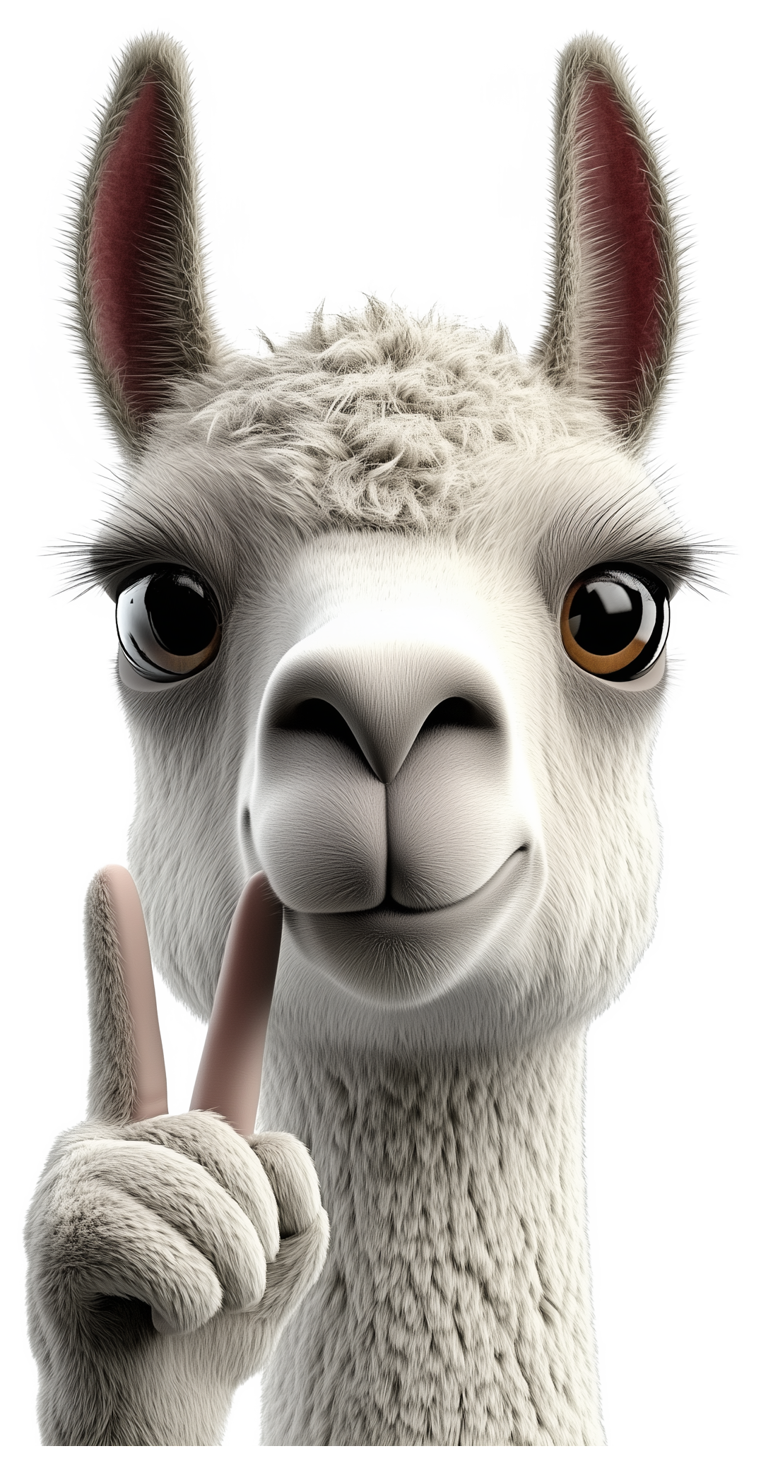 A fluffy cartoon llama emoji sticker with big eyes and a raised front hoof.