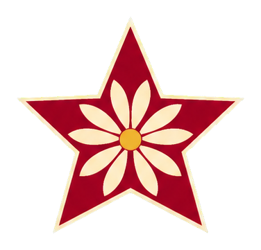 Red star sticker with a cream floral rosette in the center