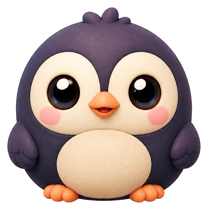 A round purple kawaii monster with big eyes, rosy cheeks, and tiny orange feet.