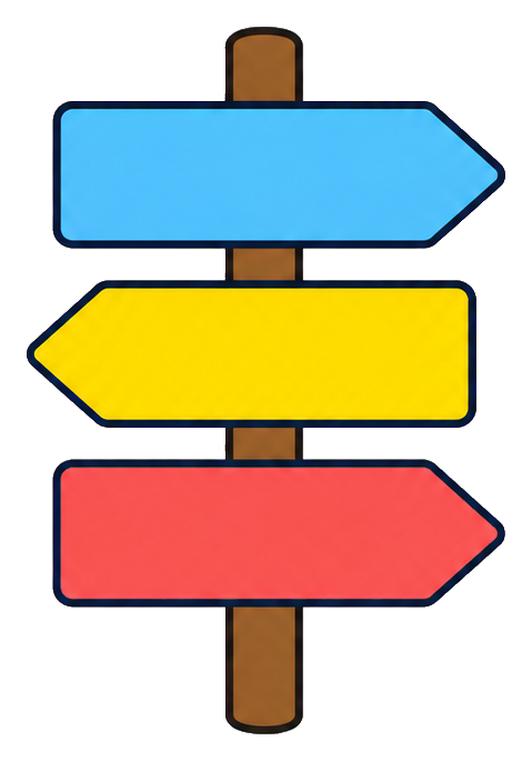 Colorful rainbow signpost with three arrow panels on a wooden post.