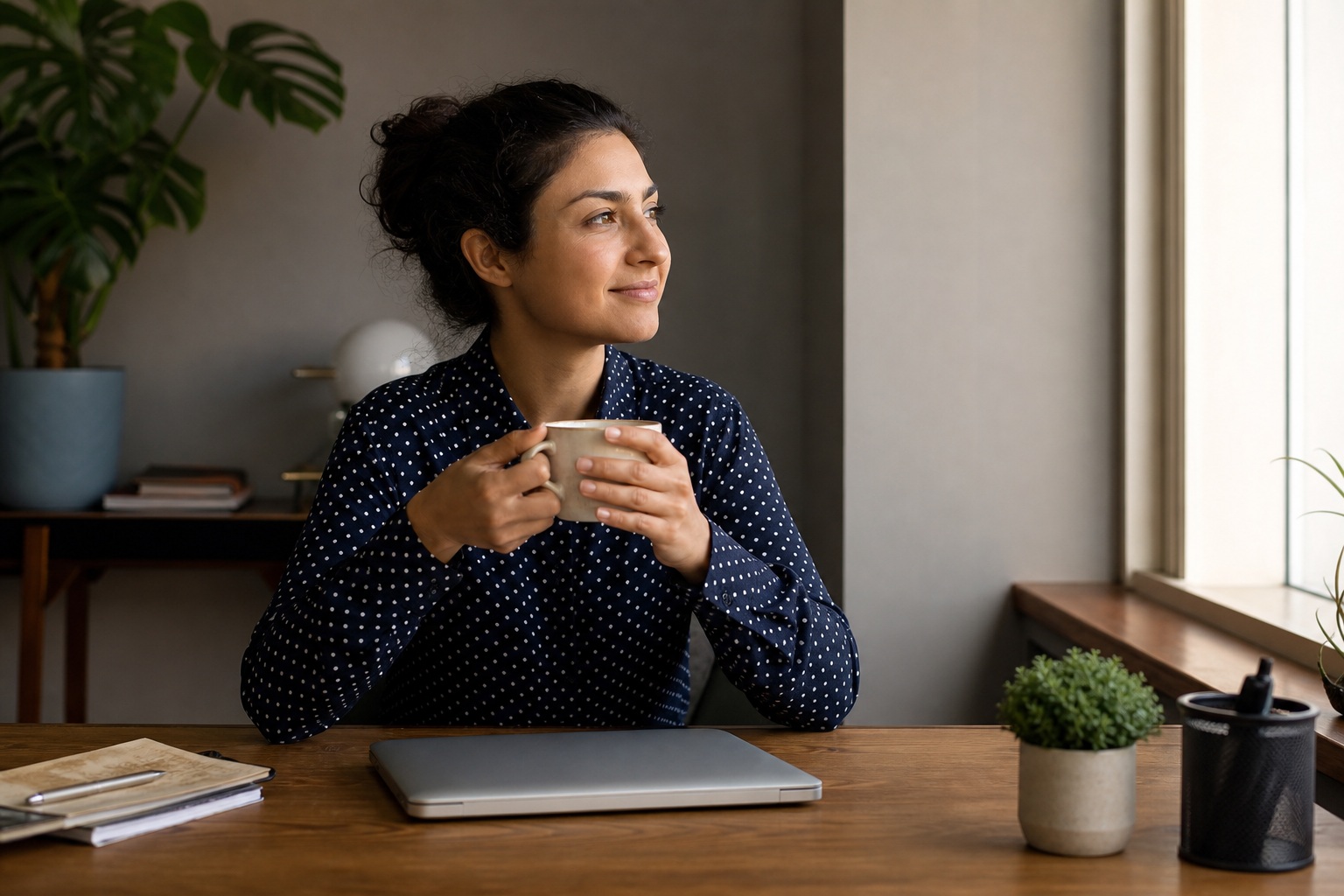 A person sitting at a desk with a laptop, coffee mug, notebook, and plant by a window.