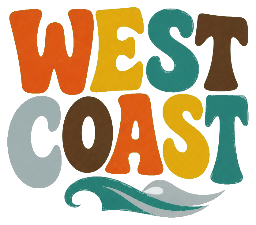 Colorful retro text reading West Coast with a wavy underline.