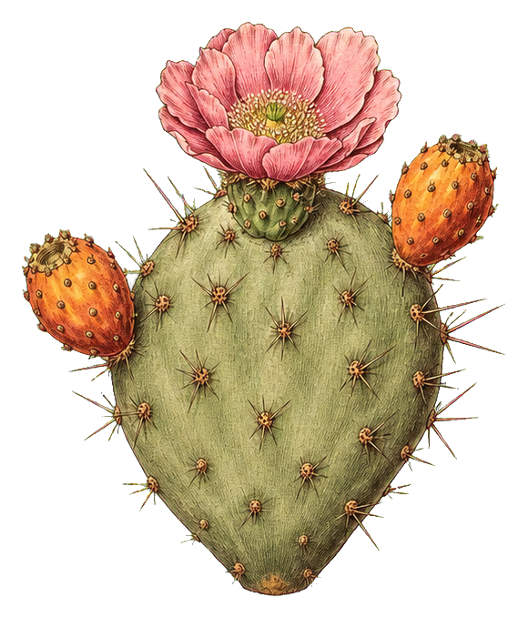 Vintage prickly pear cactus illustration with a pink flower and orange fruit pads