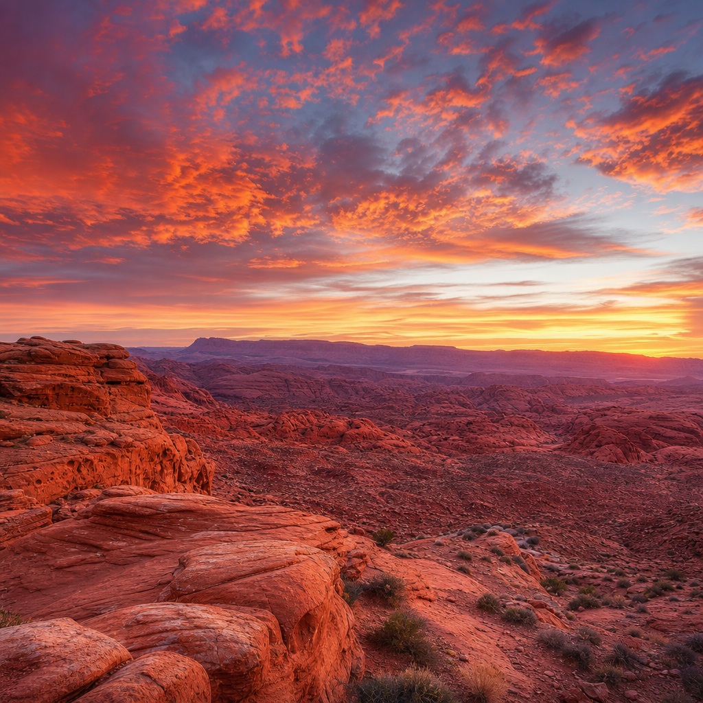 Square desert landscape with red rocks, sand dunes, and a glowing sunset sky.