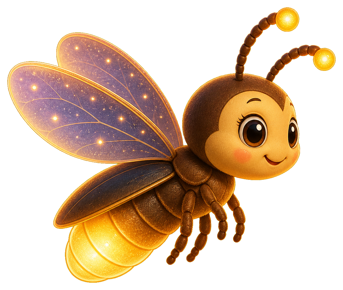 Smiling firefly in profile with glowing wings and a bright yellow body.
