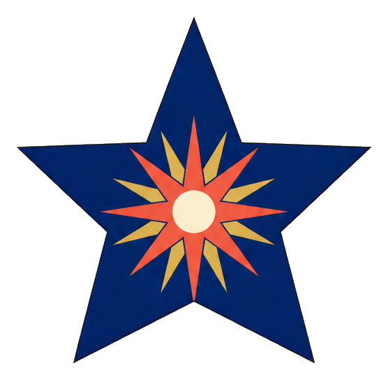 Blue star with a yellow and orange sunray starburst in the center