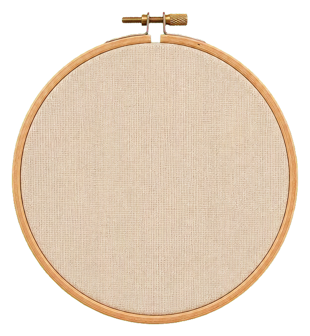 Round wooden embroidery hoop holding beige fabric on a white background