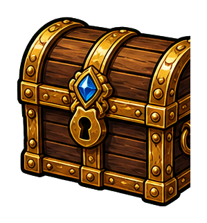 A wooden treasure chest with gold bands and a blue gem on the front.
