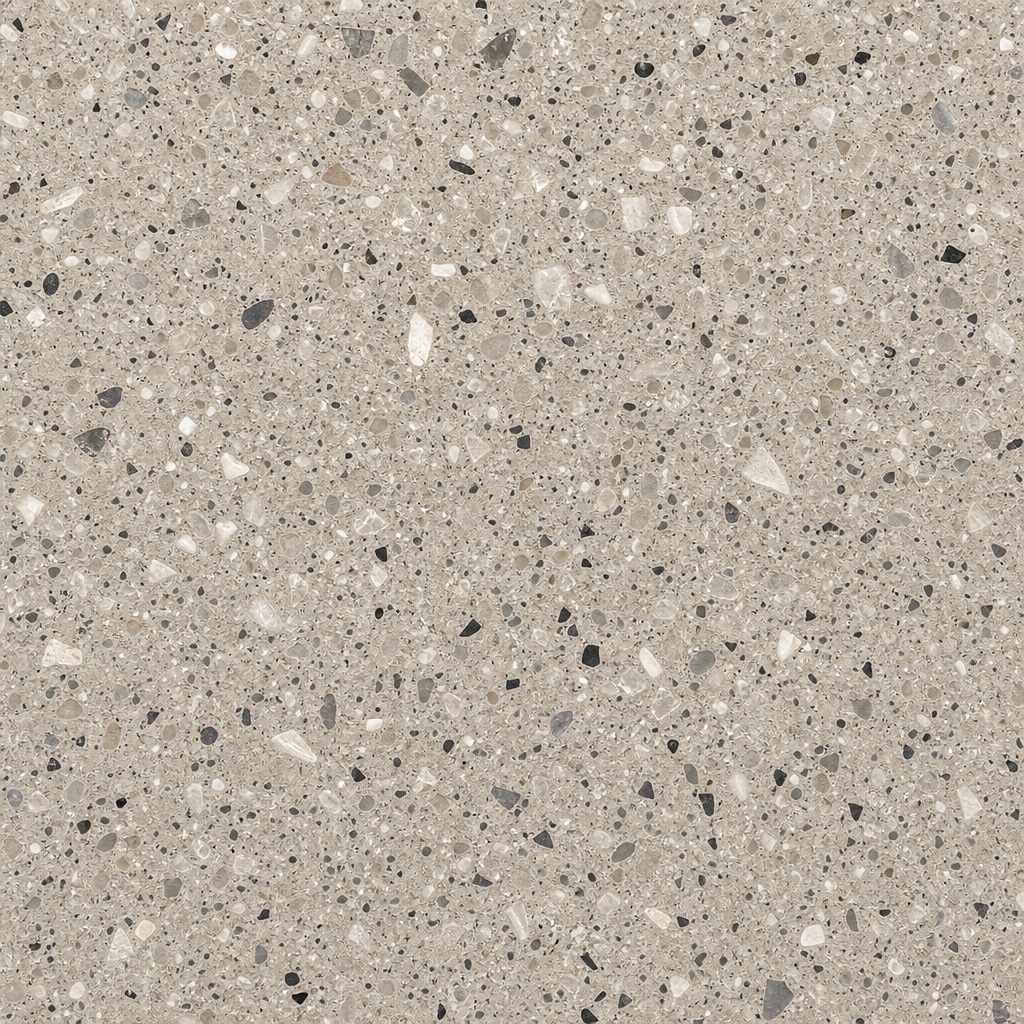 Neutral speckled terrazzo surface with small stone fragments