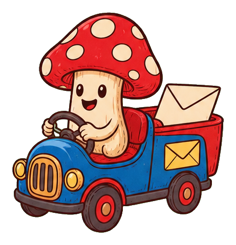Smiling mushroom riding a blue mail cart with an envelope in the back