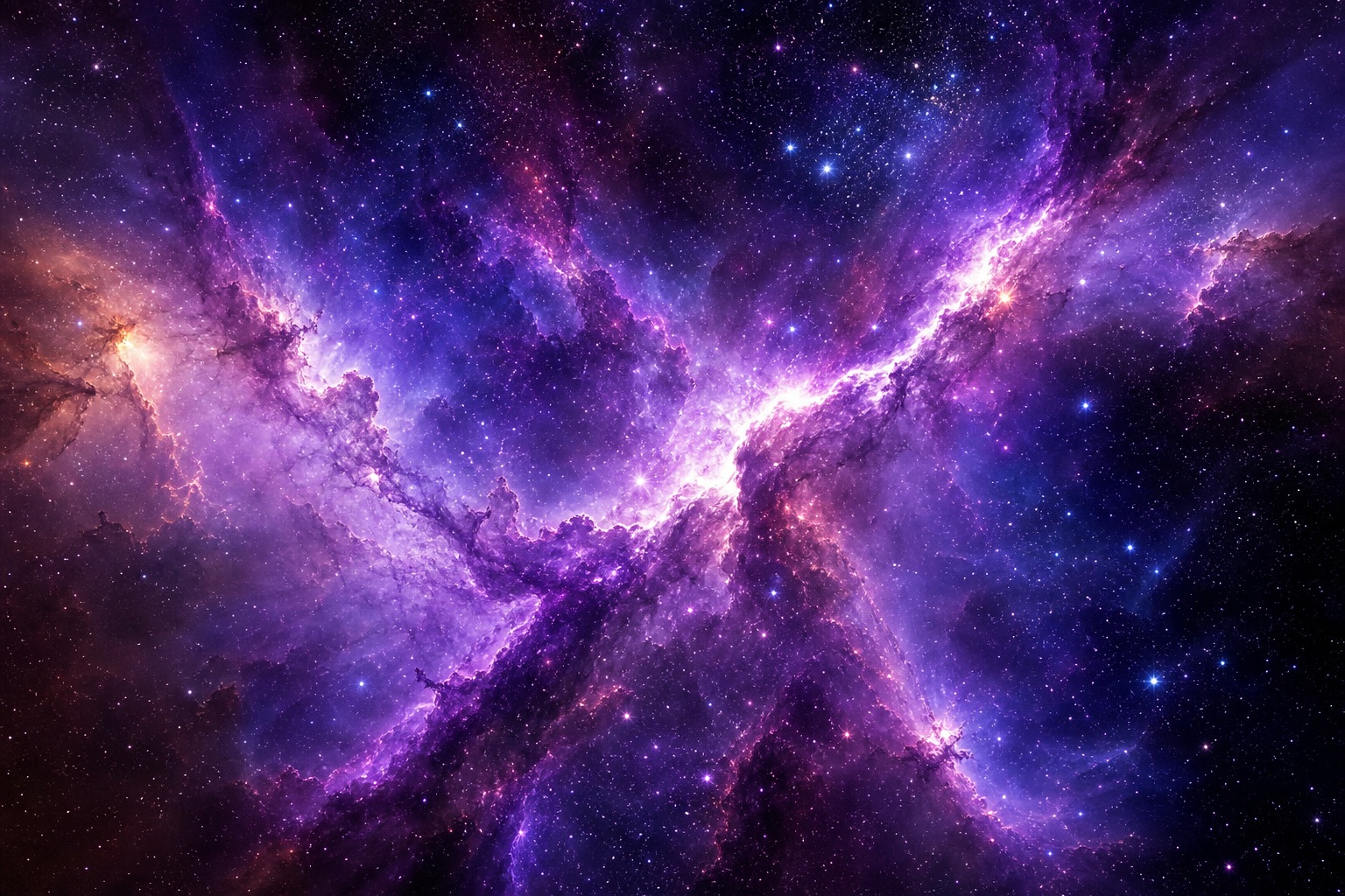 Violet deep space nebula with glowing stars and a bright cosmic center