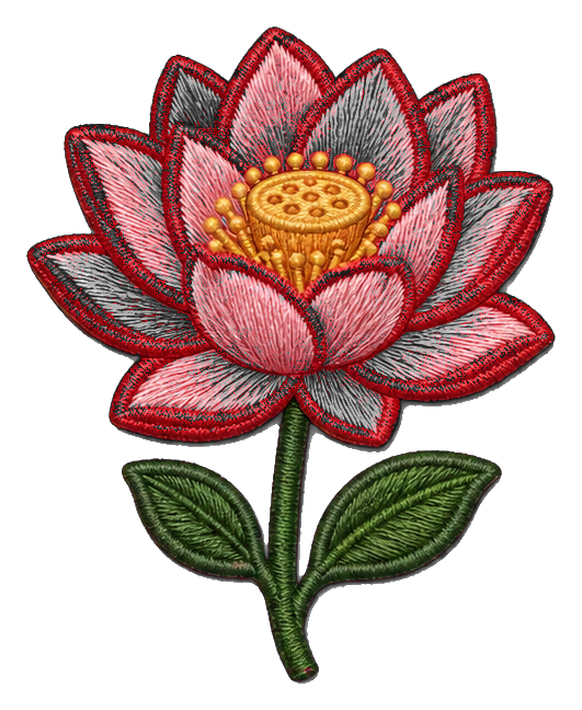 Embroidered pink lotus flower with green leaves and a stem