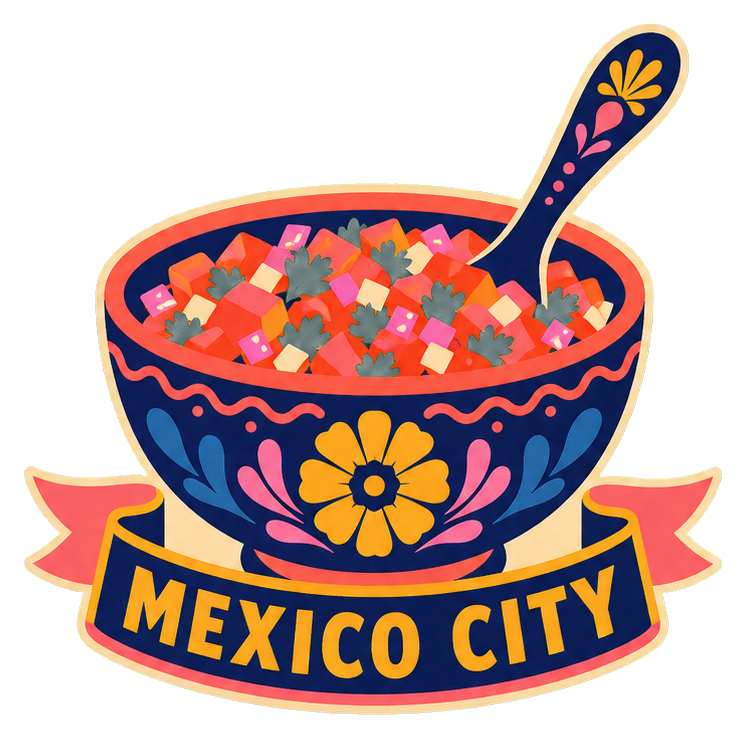 Illustrated salsa bowl with spoon and Mexico City text on a banner