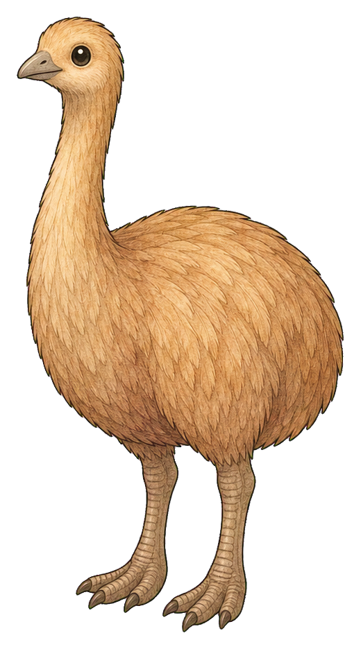 Cute kawaii moa bird sticker standing in profile on a transparent background.