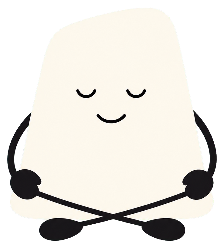 Cream-colored character sticker sitting cross-legged with closed eyes and small black hands and feet.