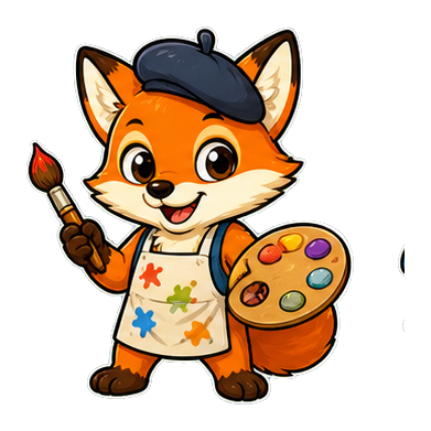 Cute fox wearing a beret and apron, holding a paintbrush and palette