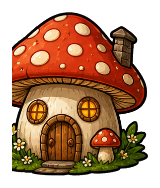 Cute mushroom house with a red spotted cap, small door, windows, and flowers at the base