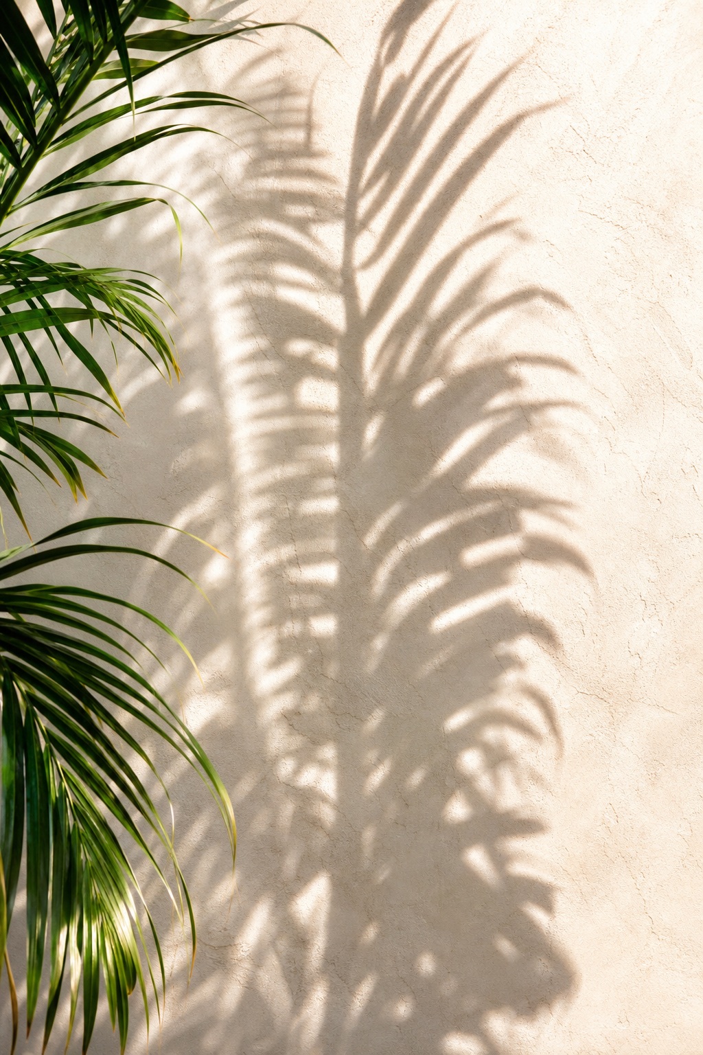 Vertical palm leaf shadows cast across a warm textured beige background with green fronds at left