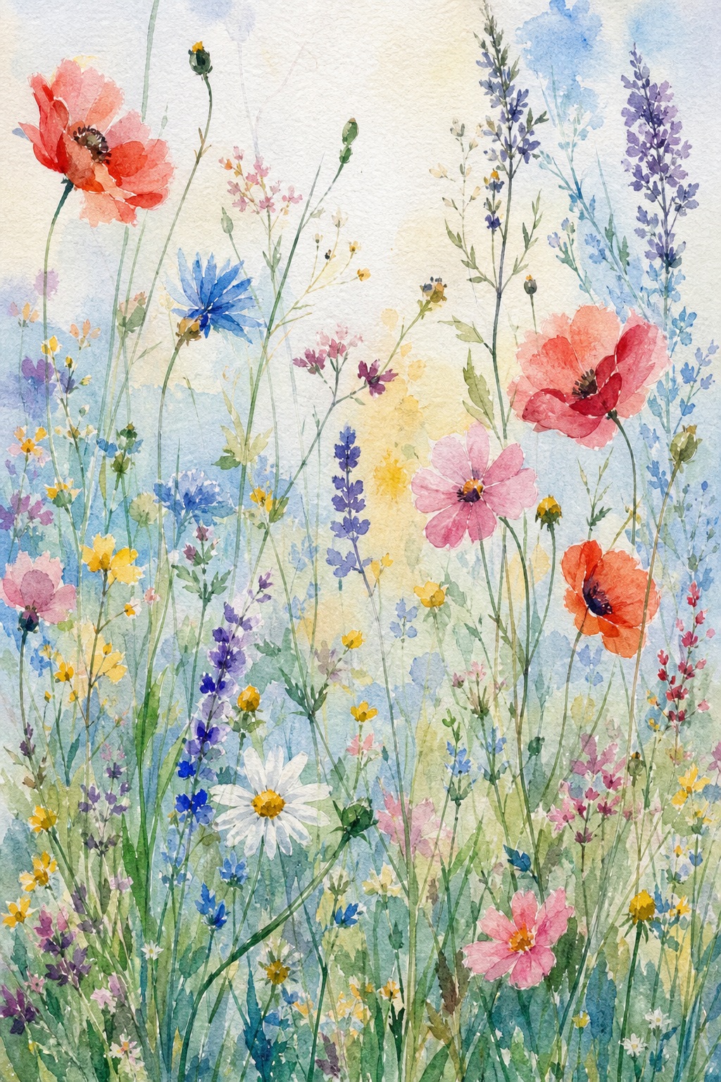 Vertical watercolor wildflowers with pink, coral, blue, and lavender blooms in soft grass