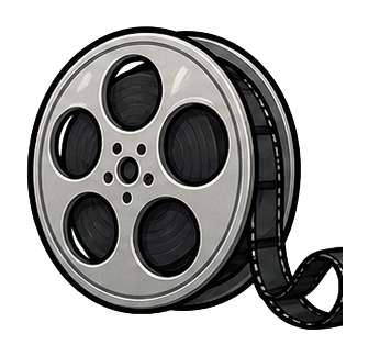 Silver film reel with black film strip curling beside it