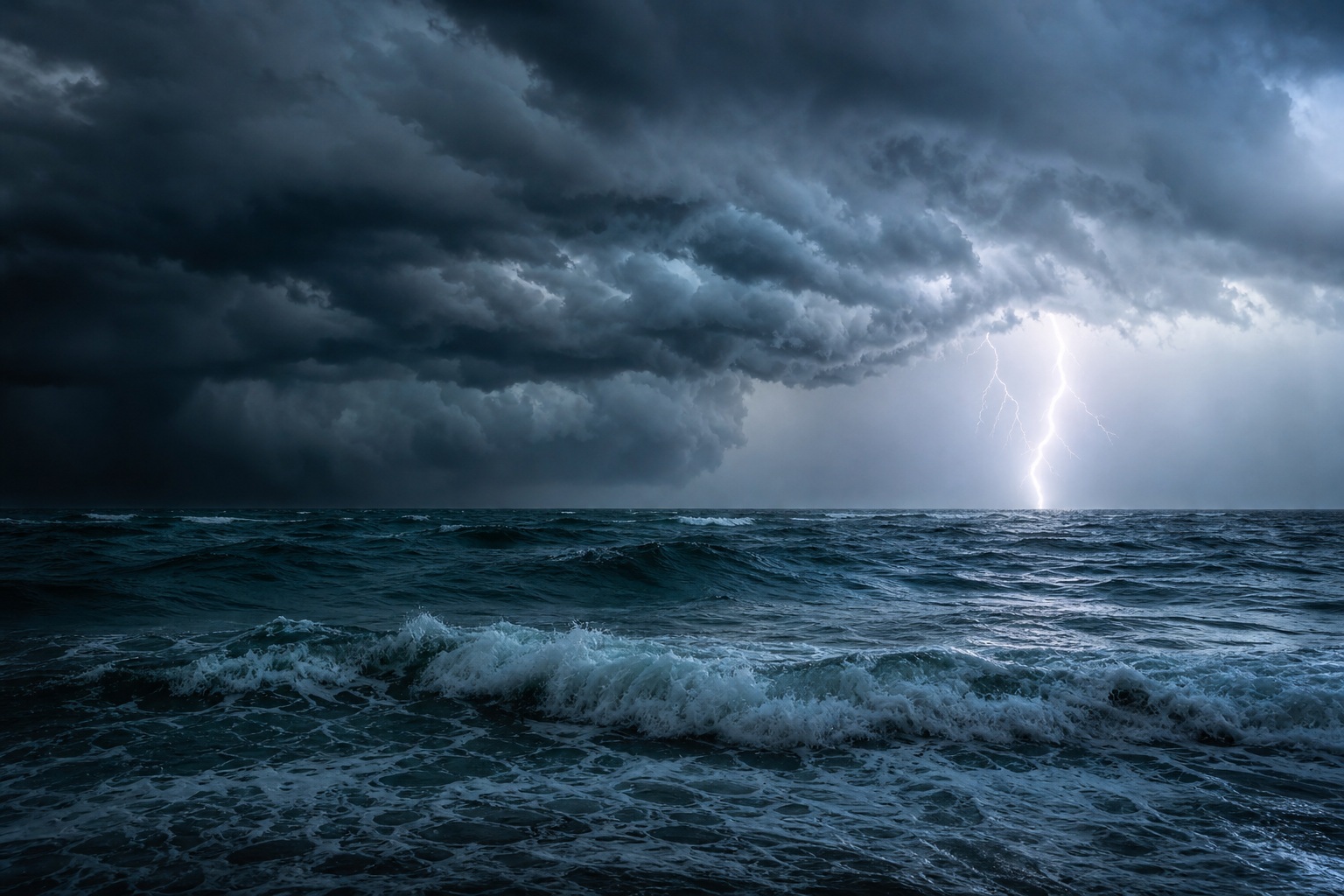 Dark storm clouds over a rough ocean with a lightning bolt in the distance