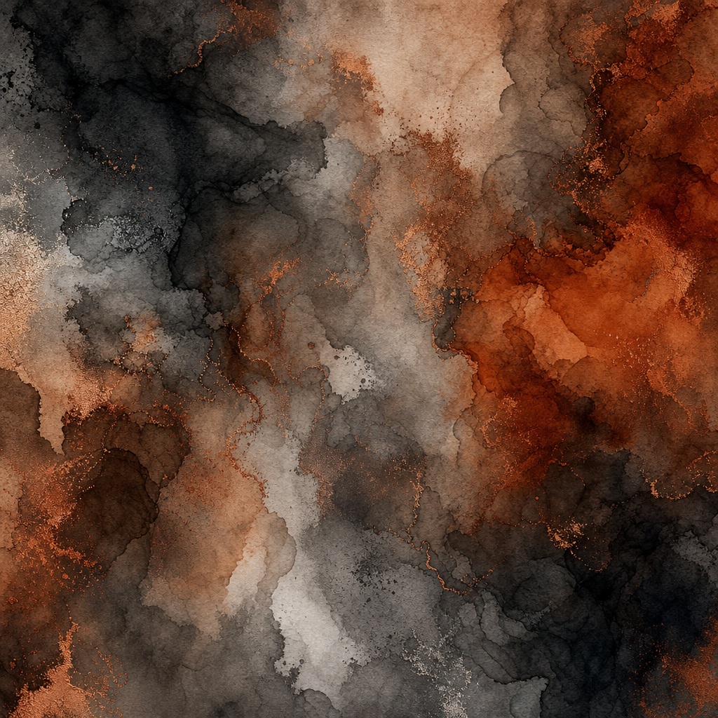 Abstract charcoal, rust, and gray ink wash texture with smoky diffusion