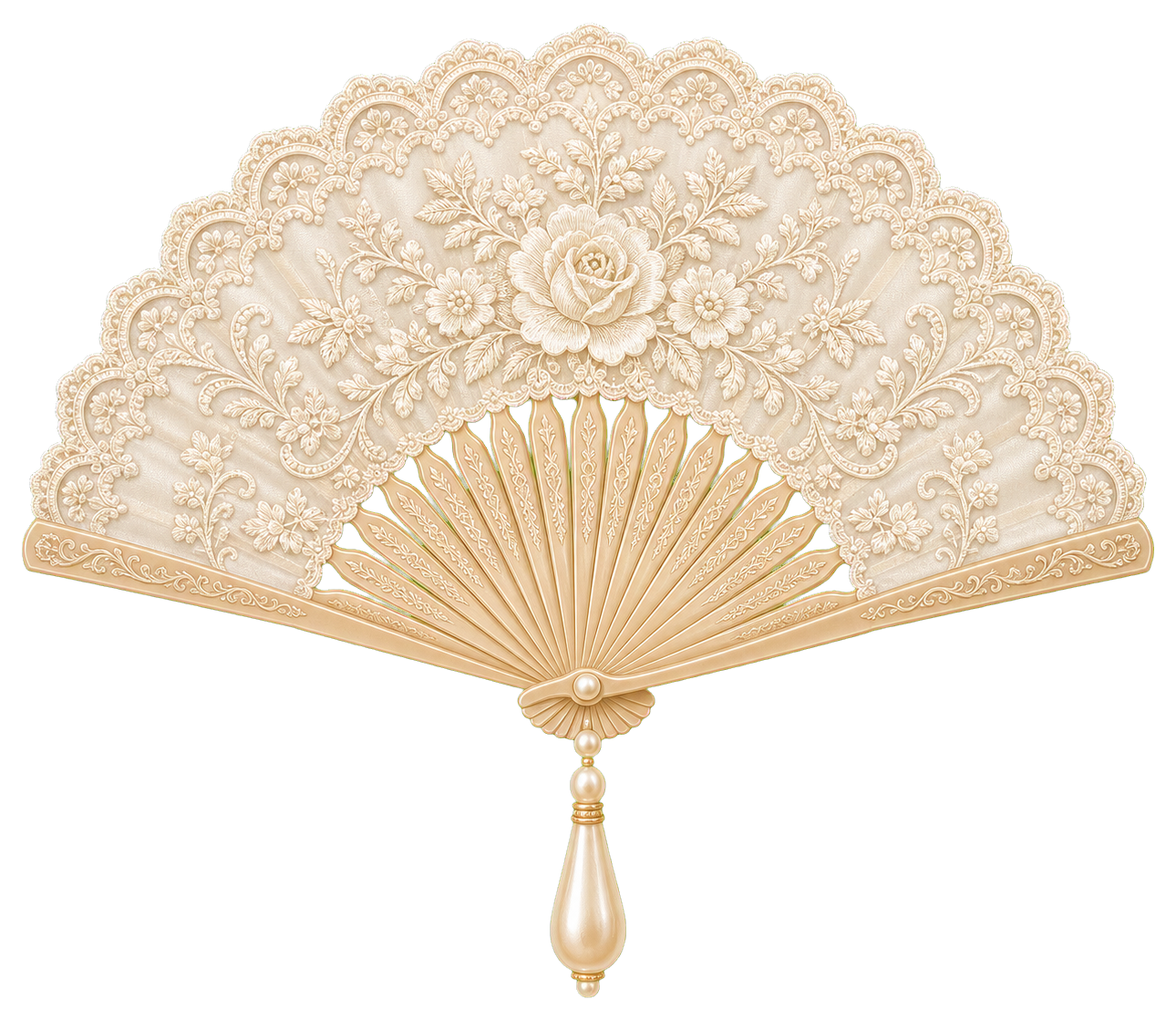 Ornate cream lace folding fan with a decorative gold handle and tassel