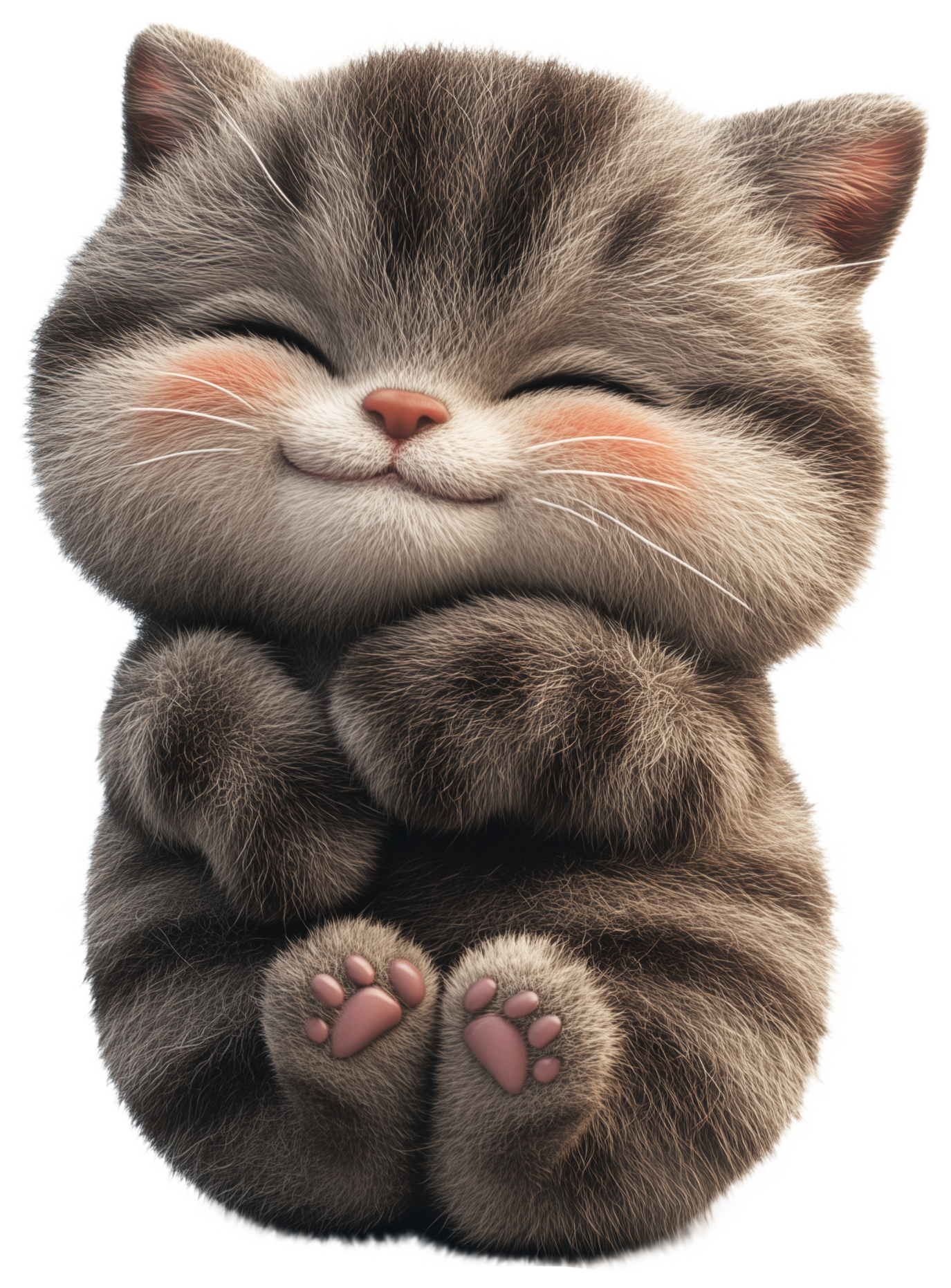 Smiling cartoon cat emoji sticker with closed eyes and pink paw pads