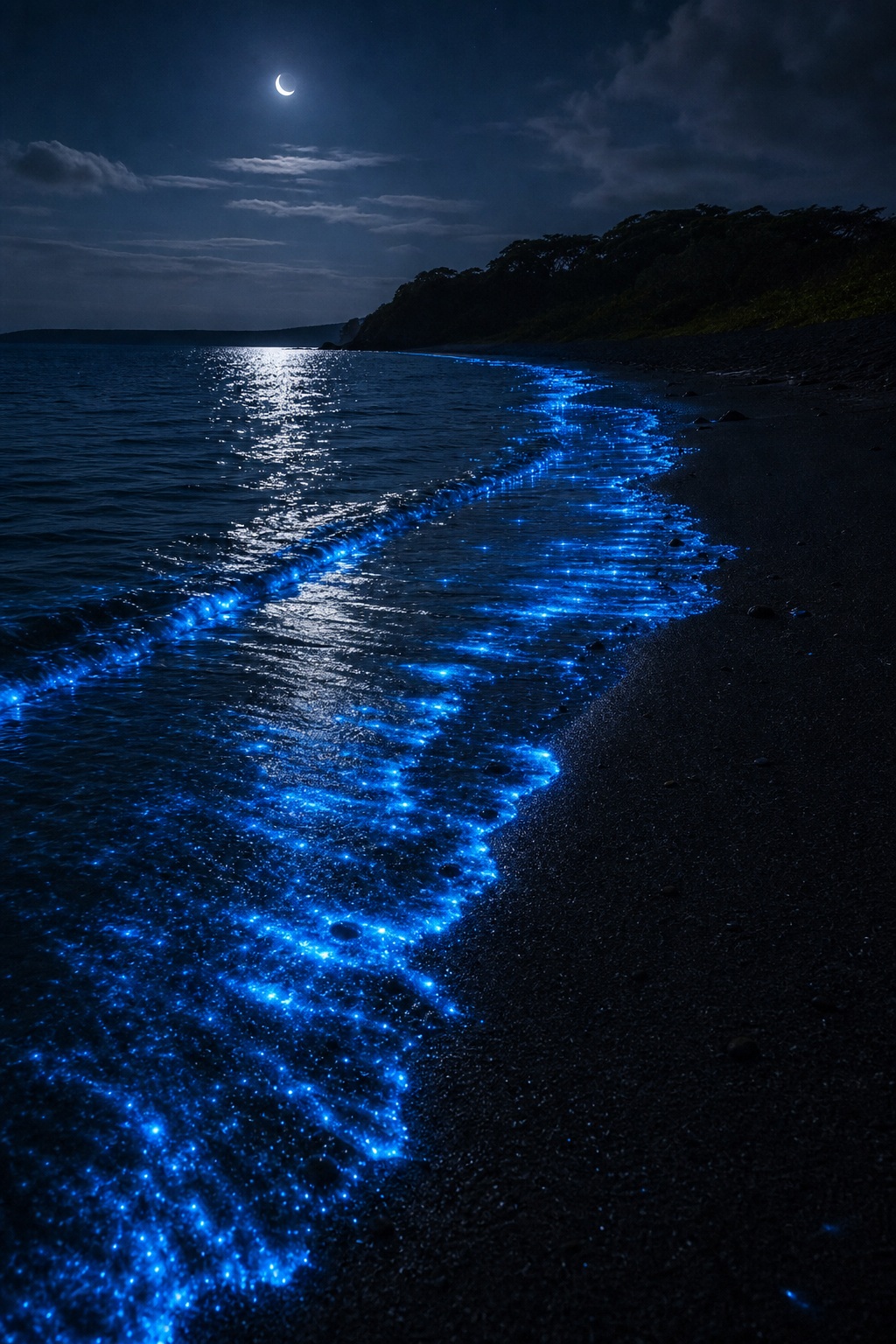 Moonlit shoreline with glowing blue bioluminescent waves along a dark beach